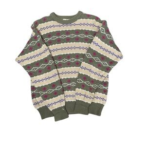 Vintage Claiborne Patterned Knit Grandma Sweater Green Tan Purple Size M